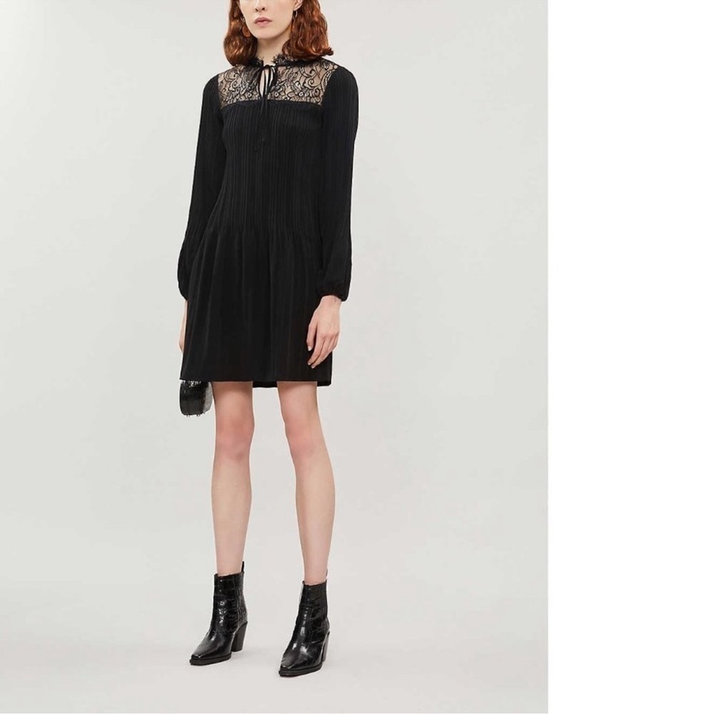 Maje Rockette Pleated Lace Dress in Black - Size Medium